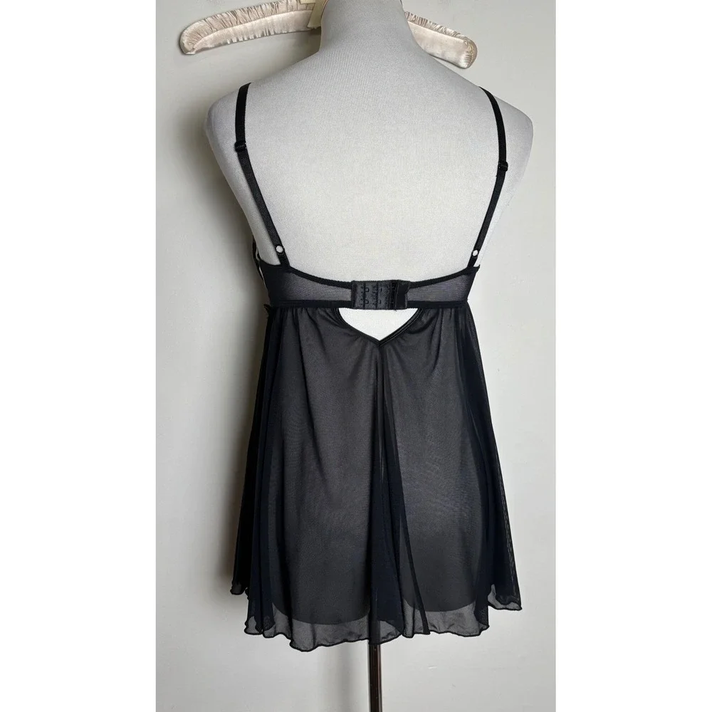 Fredericks of Hollywood‎ Babydoll Top S Coquette Black Sheer Mesh Lace Lingerie